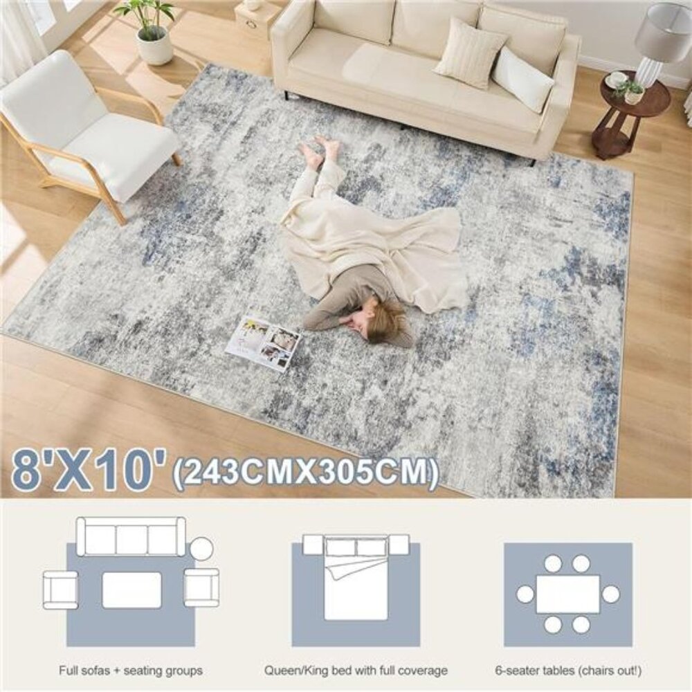 Living Room Area Rugs - 8x10 Abstract Large Soft Indoor Washable Rug Neutral - Picture 2 of 7